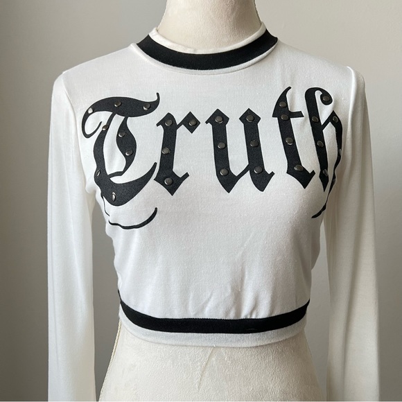 Papaya Vintage Black and White Truth Long Sleeve Crop Top for Women Small - Picture 3 of 6